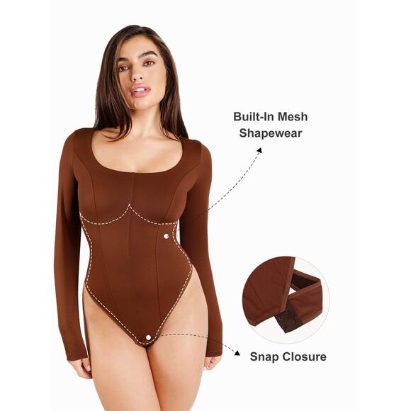 Popilush The Shape Wear Long Sleeve Thong Slimming Bodysuit In Brown, Size Large - Picture 2 of 10